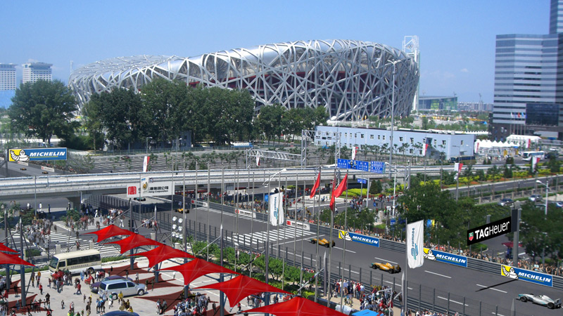 Formula E in Beijing, China - with Olympic stadium in the background