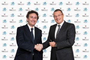 Jean-Christophe Babin, President and CEO of TAG Heuer (on the right), and Alejandro Agag, CEO of Formula E Holdings