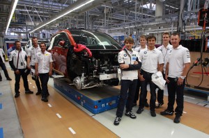 Leipzig (DE) 12th September 2013. BMW Motorsport, PR Event, Andy Priaulx (GB), Martin Tomczyk (DE), Timo Glock (DE), Augusto Frafus (BR), Marco Wittmann (DE), Bruno Spengler (CA), Dirk Werner (DE) and Joey Hand (US) on the i3 Production Line.