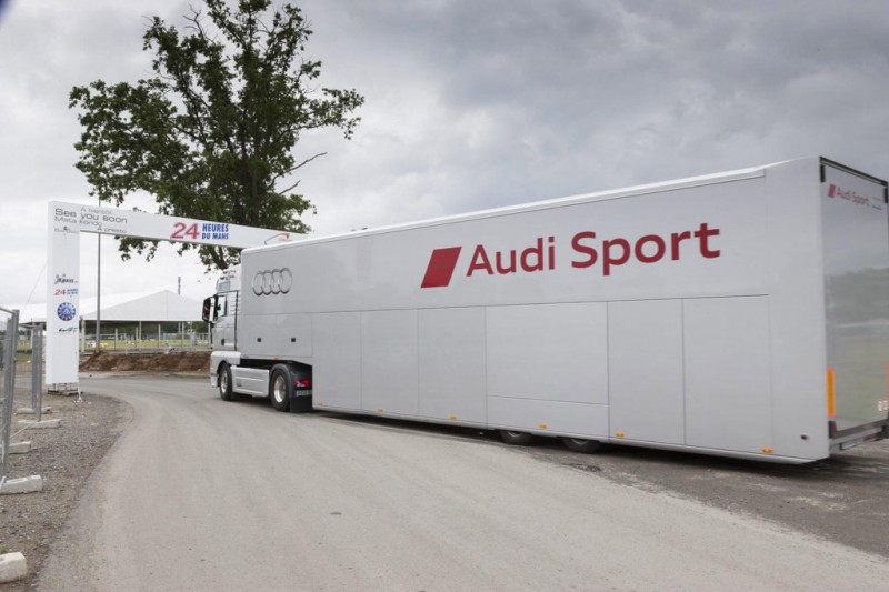 In Europe, Audi transports its equipment with trucks
