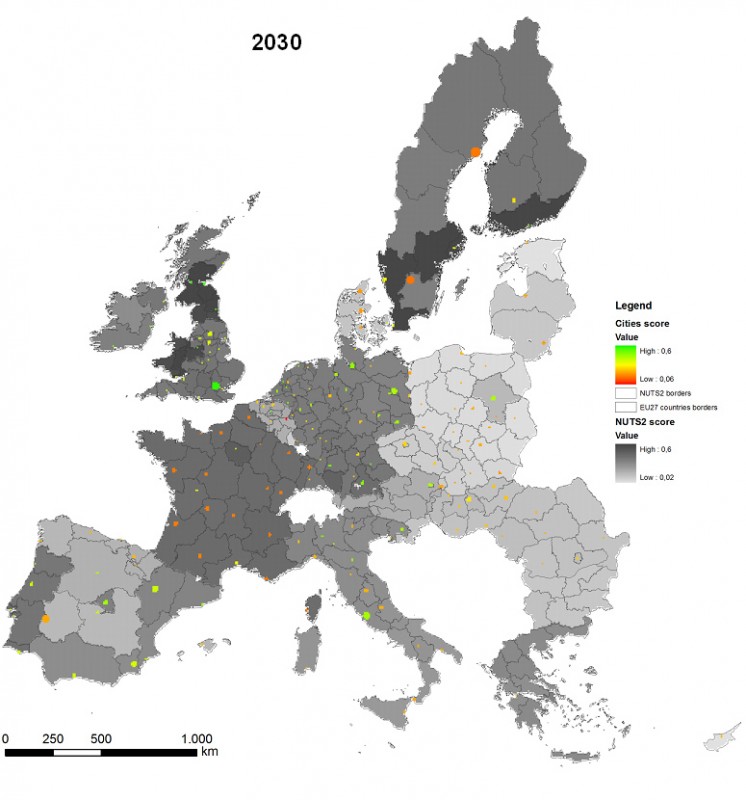 Lead market score for Plug-in hybrid electric vehicles potential of European regions and cities in EU27 in 2030 according to a JRC study.